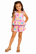 Conjunto Infantil Blusa Babado E Short Estampa Corações