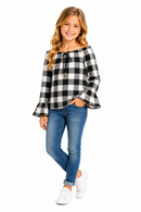 Blusa Infantil Xadrez Ombro a Ombro Com Mangas Sino