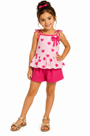 Conjunto Infantil Blusa Babado E Short Estampa Corações