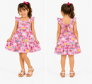 Vestido Infantil Rosa Com Estampa De Arco-Íris E Flores