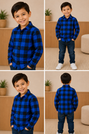 Camisa Infantil Xadrez em Viscose Azul e Preta Manga Cumprida