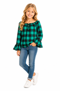 Blusa Infantil Xadrez Ombro a Ombro Com Mangas Sino