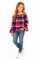 Blusa Infantil Xadrez Ombro a Ombro Com Mangas Sino
