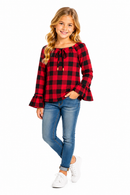Blusa Infantil Xadrez Ombro a Ombro Com Mangas Sino