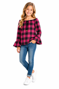 Blusa Infantil Xadrez Ombro a Ombro Com Mangas Sino