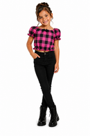 Blusa Cropped Infantil Xadrez Com Laço E Babado