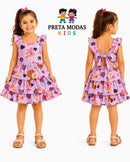 Vestido Infantil Lilás Com Estampa Divertida e Laço Nas Costas